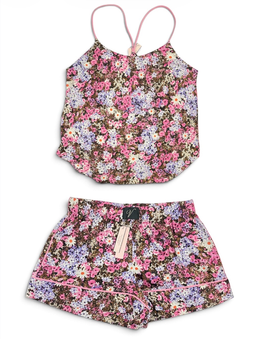 Victoria's Secret Satin Open-Back Cami & Shorts Set Floral Pajama Set | XS | NWT